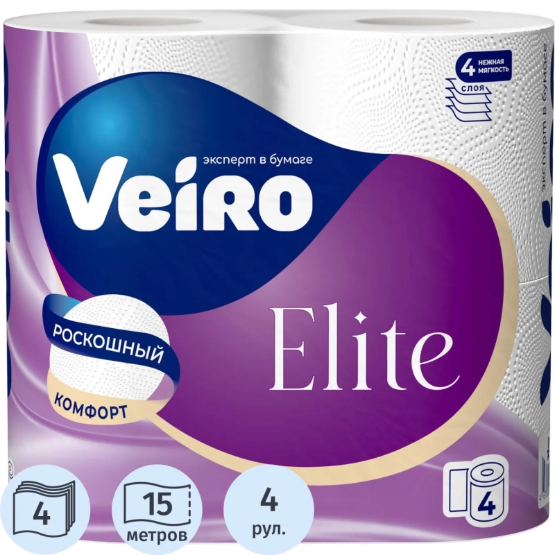 Бумага туалетная Veiro Elite бел перв цел 15м 4сл 4рул/уп