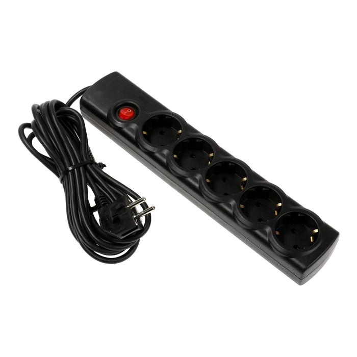 Сетевой фильтр Luazon Lighting, 5 розеток, 5 м, 3500 Вт, 3х1 мм2, 16 A, 220 В, c предохранителем, черный