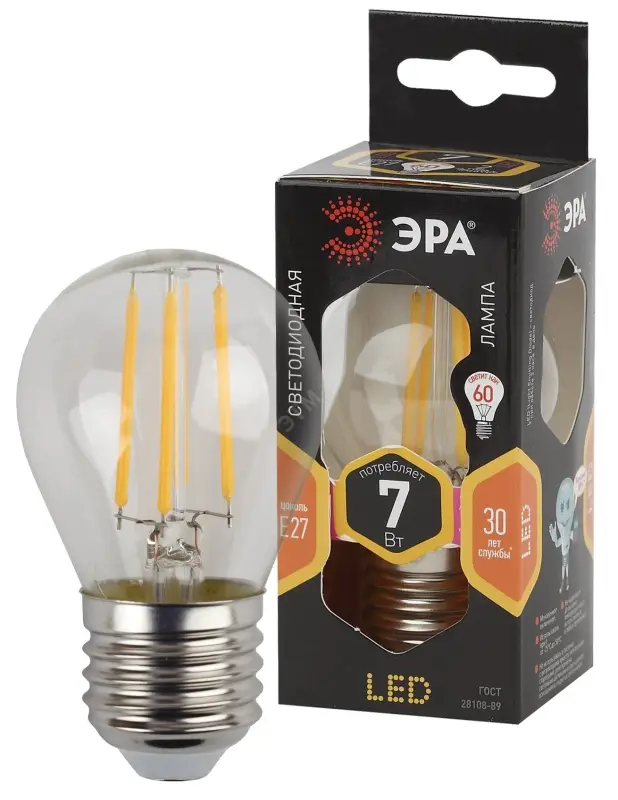 Лампа светодиодная декоративная LED 7 Вт 910Лм 2700К шар, филамент теплый E27 230В F-LED P45-7W-827-E27