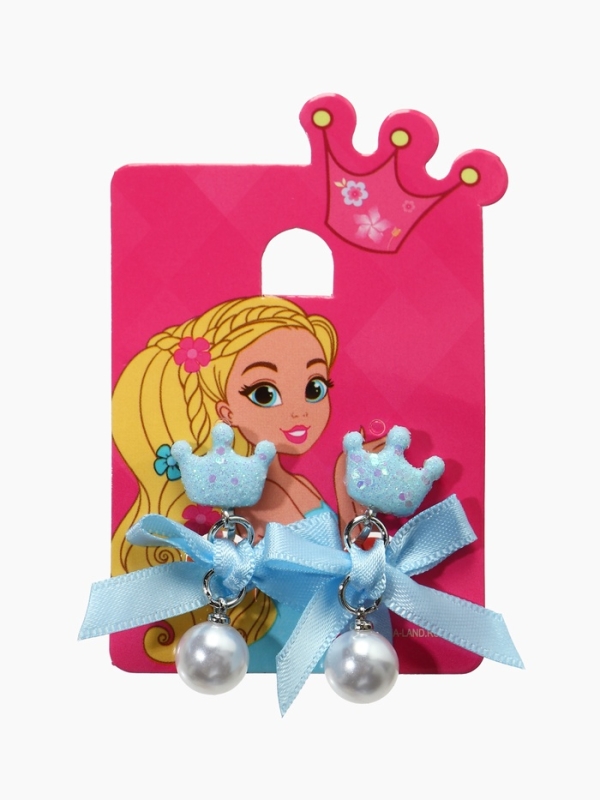 Серьги-клипсы детские  Серьги-клипсы детские "Выбражулька" корона с бантом и жемчужиной, цвет голубой-белый