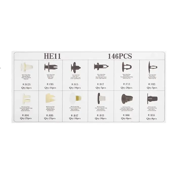 Клипсы и пистоны крепежные, 12 видов, набор 146 шт.