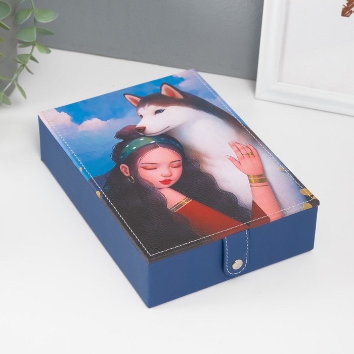 Шкатулка кожзам для украшений с зеркалом  Шкатулка кожзам для украшений с зеркалом "Девушка с хаски" 15х21,5х5,5 см