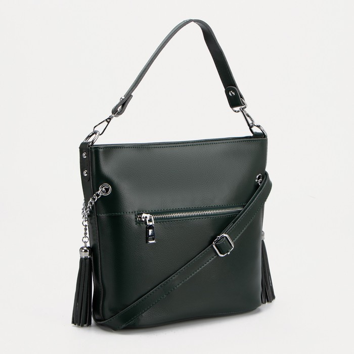 Сумка-тоут на молнии, 2 наружных кармана, длинный ремень, цвет зелёный