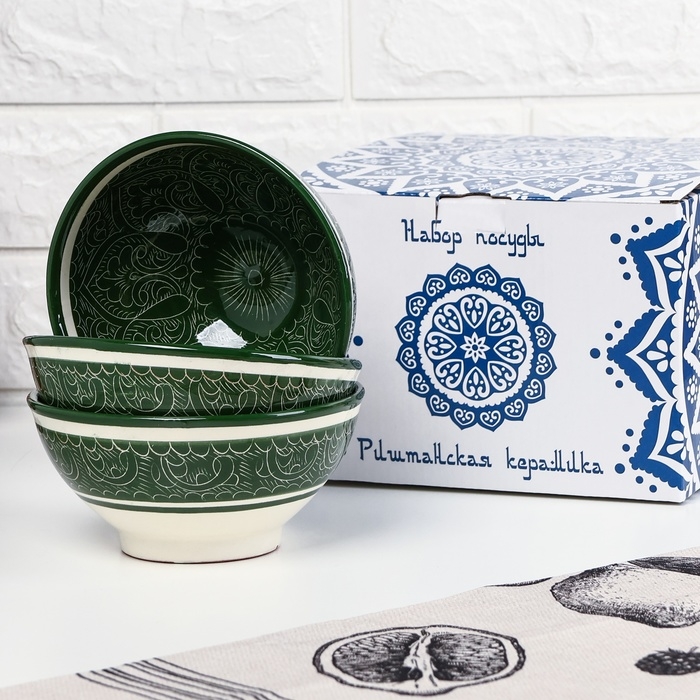 Набор салатников Риштанская керамика Набор салатников Риштанская керамика "Узоры", 15 см, 3 шт, в подарочной упаковке, зелёные