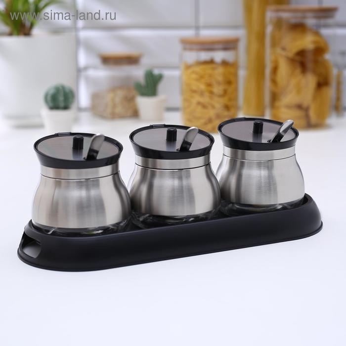 Набор стеклянных банок для сыпучих продуктов «Сияние», 31×12×12 см, на подставке, 3 шт, цвет чёрный