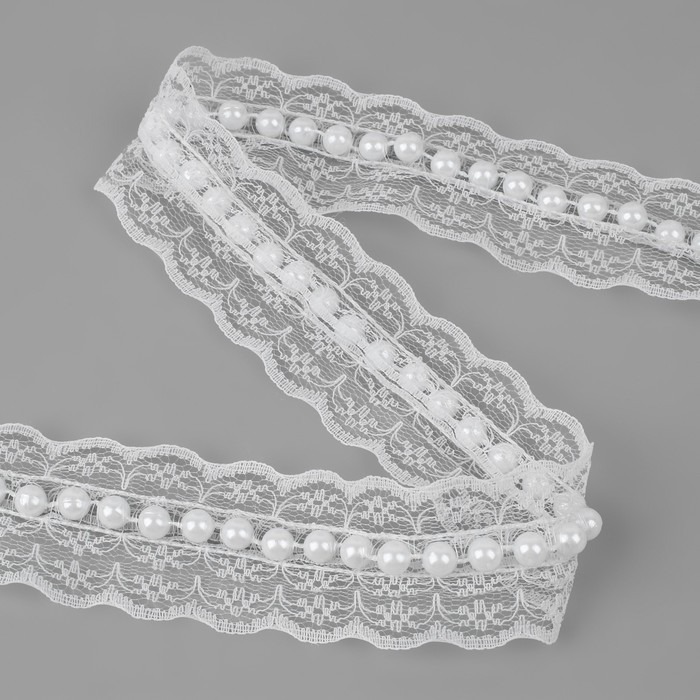 Рюш кружевной, с бусинами, 35 мм, 4,5 ± 0,5 м, цвет белый Рюш кружевной, с бусинами, 35 мм, 4,5 ± 0,5 м, цвет белый