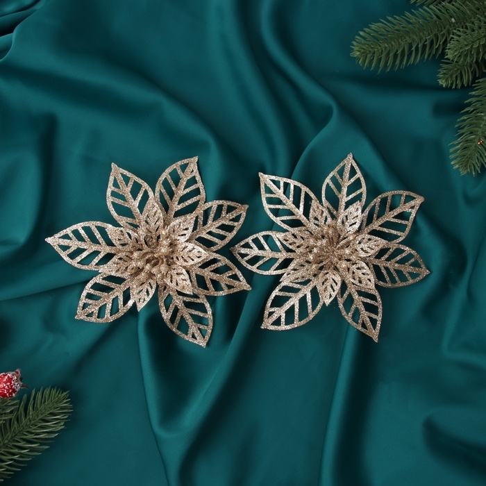 Украшение ёлочное Украшение ёлочное "Цветы резные блеск" (набор 2 шт) на зажимах, 13х13 см, золото