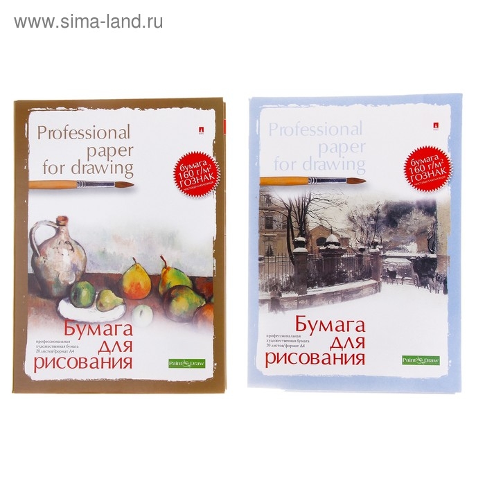 Бумага для рисования А4, 20 листов  Бумага для рисования А4, 20 листов "Профессиональная серия", блок 150 г/м2, ГОЗНАК, МИКС