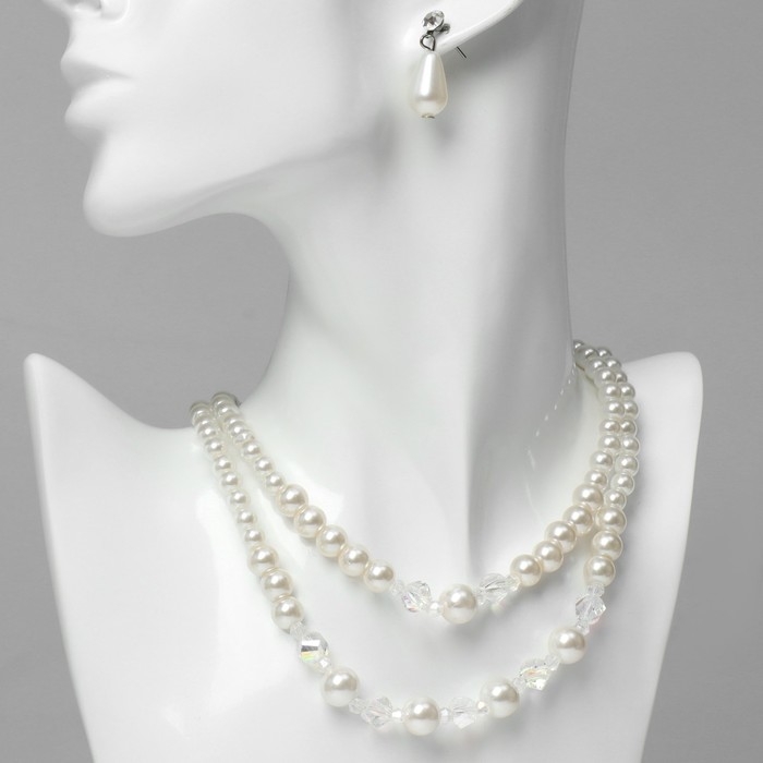 Набор 2 предмета: серьги, колье «Классика» 2 нити, цвет белый в серебре, 45 см Набор 2 предмета: серьги, колье «Классика» 2 нити, цвет белый в серебре, 45 см