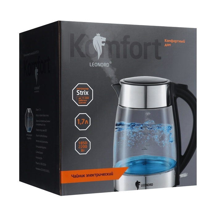 Чайник электрический Leonord LE-1513, стекло, 1.7 л, 2200 Вт, серебристый Чайник электрический Leonord LE-1513, стекло, 1.7 л, 2200 Вт, серебристый