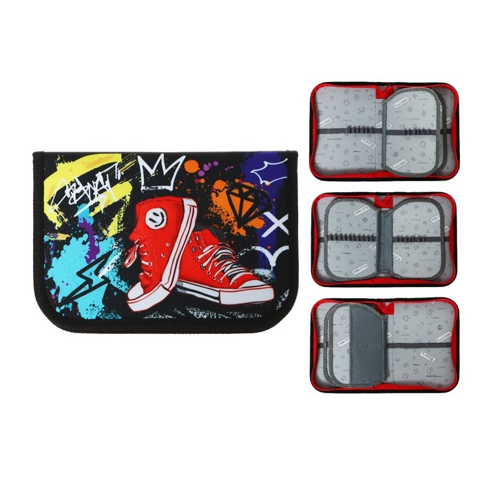 Пенал 3 секции, вкладка внутри, 140 х 210 х 40 мм, тканевый, Calligrata TOP Block Пенал 3 секции, вкладка внутри, 140 х 210 х 40 мм, тканевый, Calligrata TOP Block "Кеды"