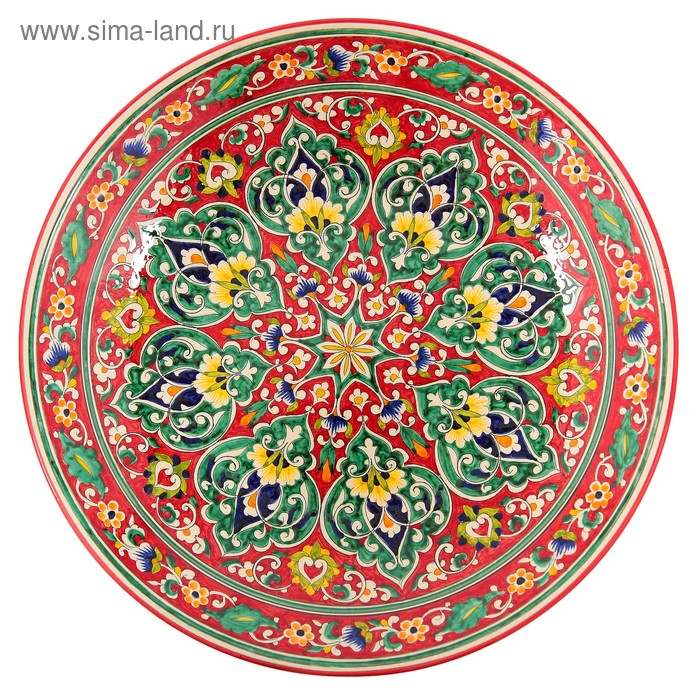 Ляган круглый Риштанская Керамика, 41см, красный, орнамент зелёно-жёлтый