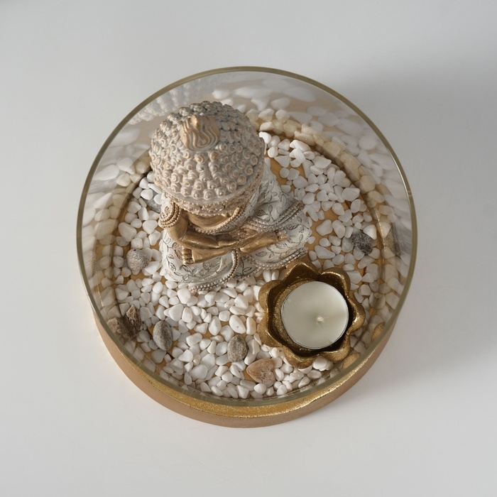 Сувенир полистоун, стекло  Сувенир полистоун, стекло "Медитирующий Будда в саду камней" со свечой 18х18х18 см