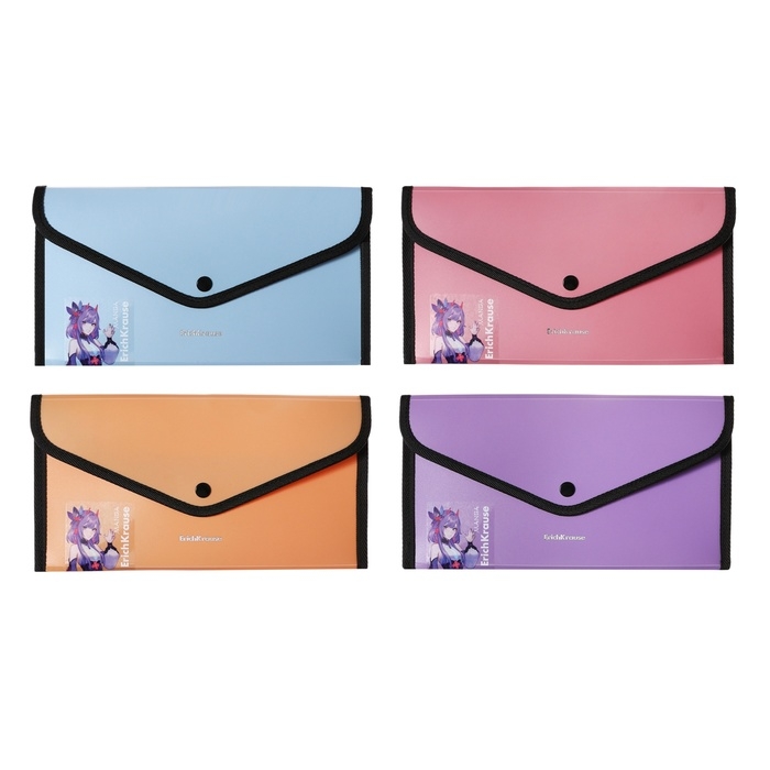 Папка-конверт на кнопке 260 х 140 мм (Travel), 600 мкм, ErichKrause Папка-конверт на кнопке 260 х 140 мм (Travel), 600 мкм, ErichKrause "Matt Manga", с расширением, непрозрачная, тиснение "песок", микс