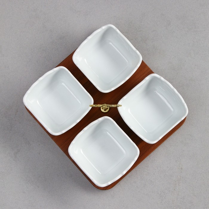 Менажница «Капель», 4 шт: 200 мл, деревянное основание, фарфор, Иран Менажница «Капель», 4 шт: 200 мл, деревянное основание, фарфор, Иран