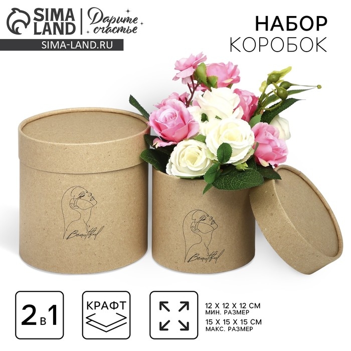 Набор шляпных коробок из крафта 2 в 1, упаковка подарочная, «Beautiful», 12 х 12, 15 х 15 см Набор шляпных коробок из крафта 2 в 1, упаковка подарочная, «Beautiful», 12 х 12, 15 х 15 см