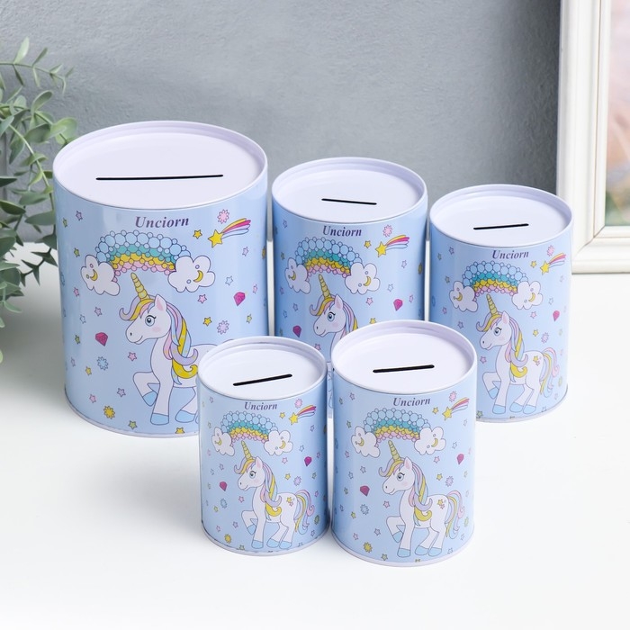 Копилка металл банка Копилка металл банка"Единорог и радуга" н-р 5 шт 7,5х10,5;8,5х11,5;9х12,5;10х14;13,5х16 см