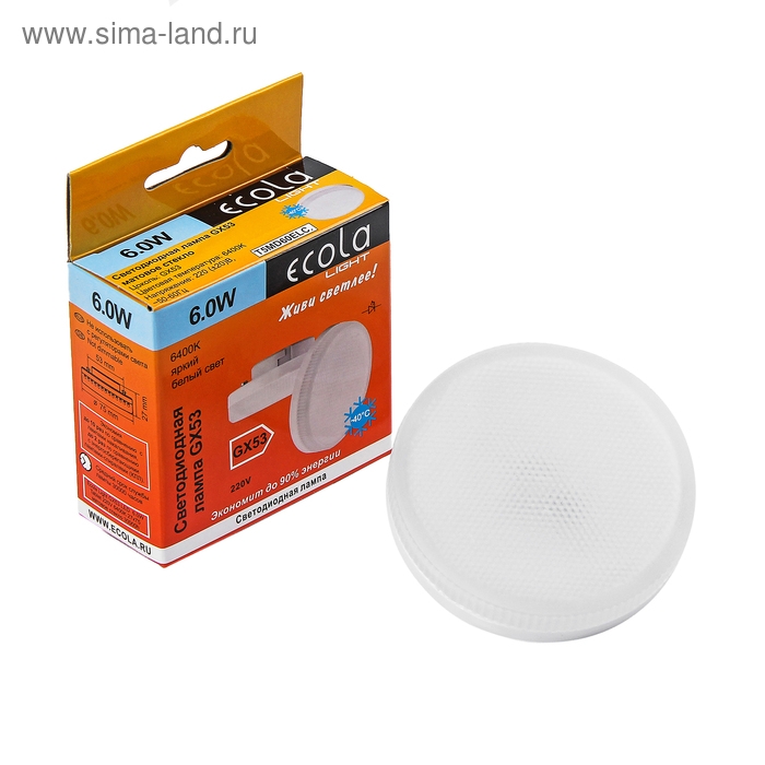 Лампа светодиодная Ecola Light, GX53, 6 Вт, 6400 K, 27x75 мм, матовое стекло Лампа светодиодная Ecola Light, GX53, 6 Вт, 6400 K, 27x75 мм, матовое стекло