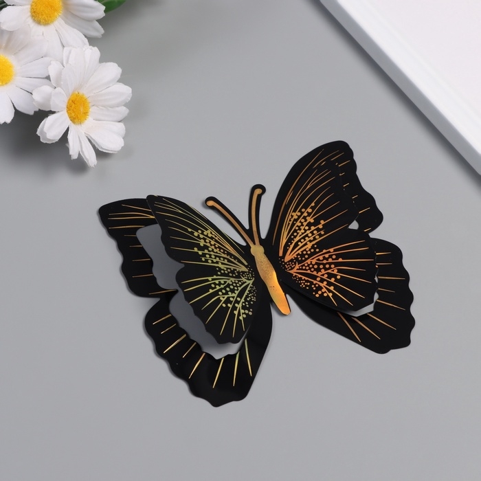 Наклейка пластик Наклейка пластик "Бабочки чёрные с золотом" двойные крылья набор 12 шт 12 см, 10 см 8 см