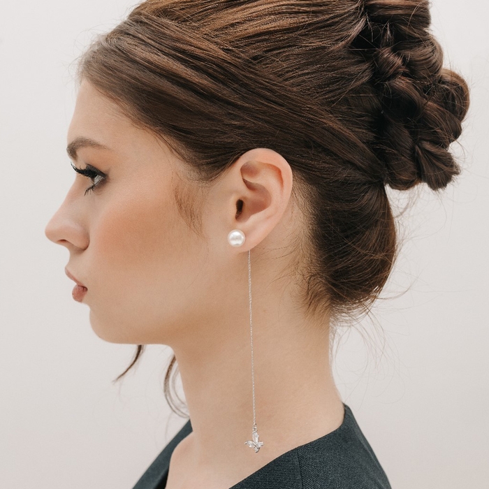 Серьги с жемчугом «Цепочки» бабочка и бусина, цвет белый в серебре, шар №10 Серьги с жемчугом «Цепочки» бабочка и бусина, цвет белый в серебре, шар №10