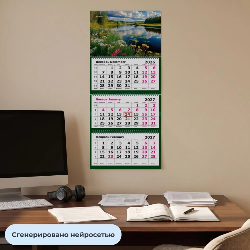 Календарь настенный 3-х блочный 2027 Attache Деревья у воды 305х675мм