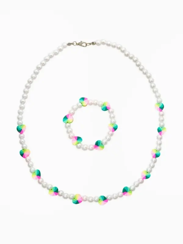 Набор детский "Выбражулька" 2 пред-а: бусы, браслет, жемчуг, сердца, цвет бело-разноцветный   109606