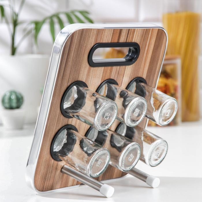 Набор для специй на подставке «Модерн», 28,5×12×18,5 см, 90 мл, 4×9,5 см, 6 шт Набор для специй на подставке «Модерн», 28,5×12×18,5 см, 90 мл, 4×9,5 см, 6 шт