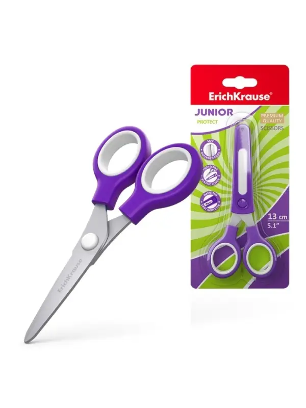 Ножницы детские ErichKrause Junior Protect, 13 см, с пластиковым чехлом и именным стикером, в блистере, МИКС