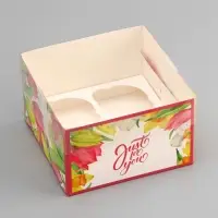 Коробка для 4 капкейка с прозрачной крышкой, &laquo;Тюльпаны&raquo;, 16&times;16&times;10 см