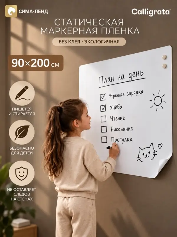 Доска магнитно-маркерная белая клеевая 90 х 200 см (электростатическая ) CALLIGRATA