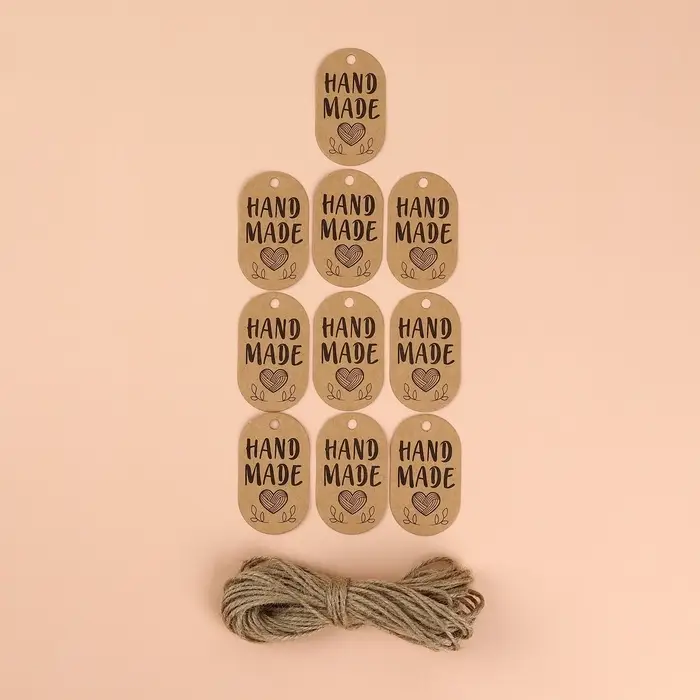 Набор бирок с джутом и наклейками &laquo;Hand made&raquo;, крафтовый, 10 шт., 3.5&times;6 см/6 шт., 4&times;4 см