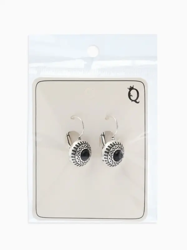 Серьги под натуральный камень &laquo;Этника&raquo;, круг в узорах, чёрные в чернёном серебре