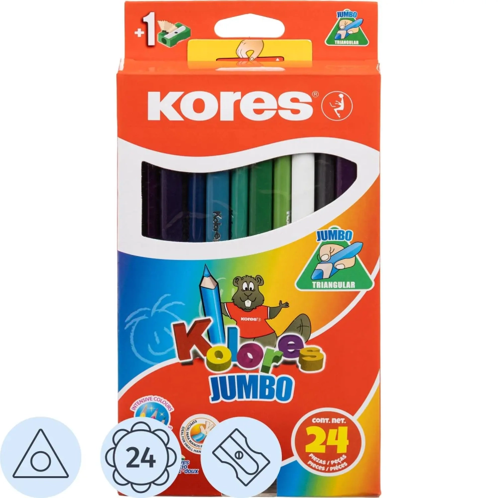 Карандаши цветные 24 цв.Kores Kolores Jumbo,трехгр, 5 мм, с точилкой, 93524