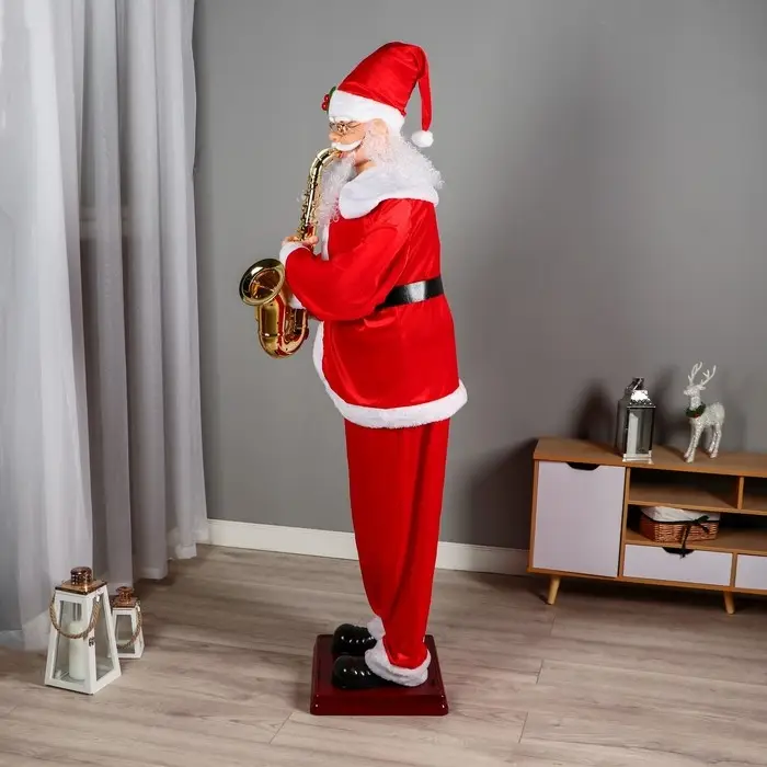 Дед Мороз "С саксофоном и украшением на колпаке" реакция на движение, 180 см, красный