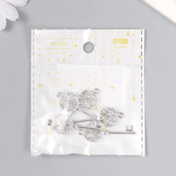 Декор для творчества металл, стразы "Ключ с цветочком" серебро 4х1,5 см