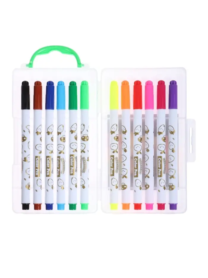 Фломастеры 12 цветов &laquo;Мышка&raquo;, в пластиковом пенале с ручкой, вентилируемый колпачок, МИКС