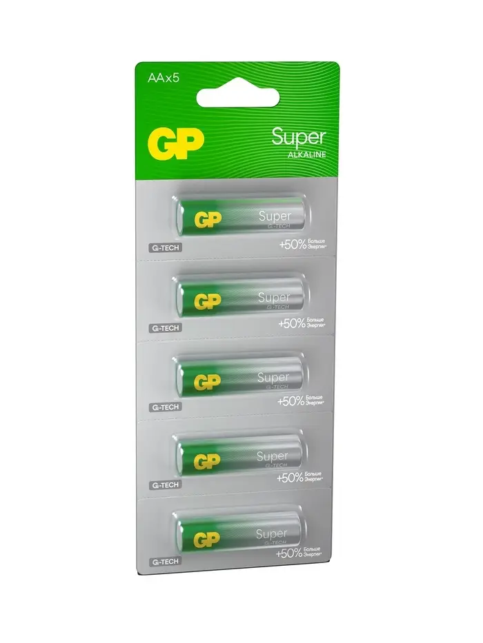 Батарейка алкалиновая GP Super, AA, LR6-5BL, 1.5 В, технология G-Tech, блистер, 5 шт.