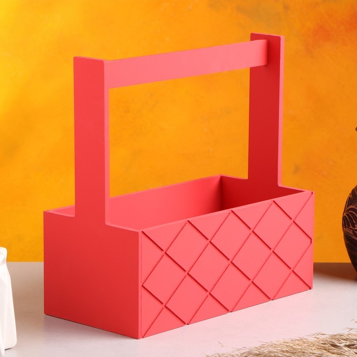 Кашпо деревянное "Эллада большая, сетка", с ручкой, красный, 25×12,5×10(25) см