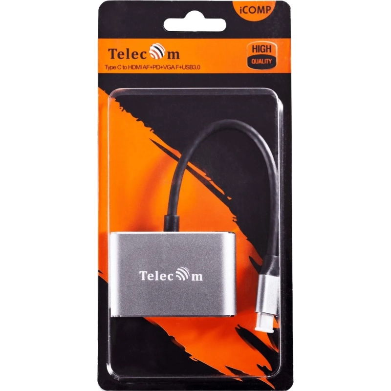 Кабель USB3.1 TypeCm - HDMI+USB3.0+PD+VGA Alum Grey 4K, Telecom <TUC055