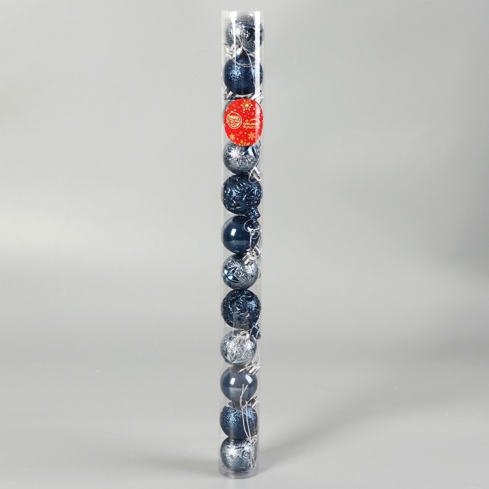 Набор шаров пластик d-4 см, 12 шт Набор шаров пластик d-4 см, 12 шт "Мелодия" орнамент блеск, синий