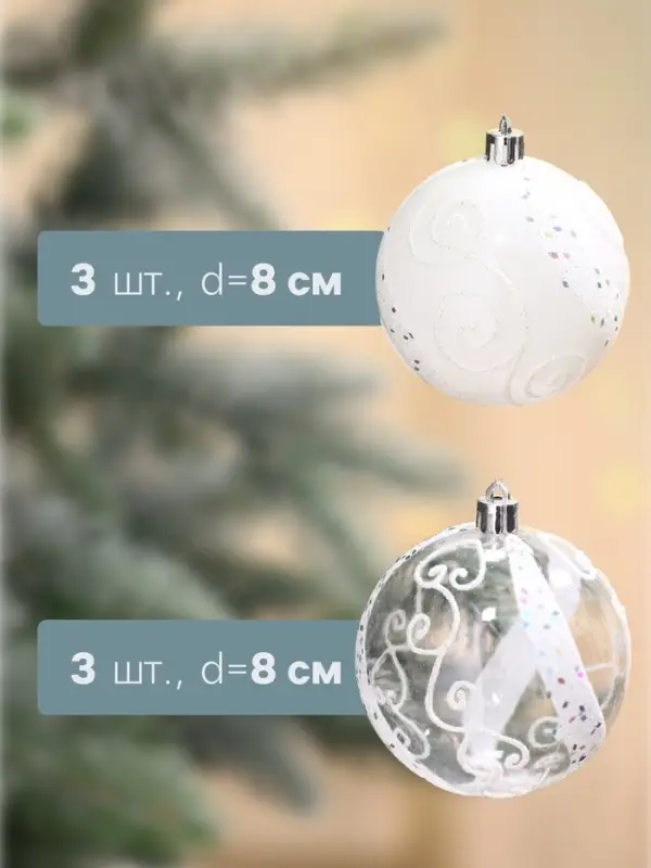 Ёлочные игрушки &laquo;Ажурные завитки&raquo;, шары новогодние, набор 6 шт., d=8 см, белый