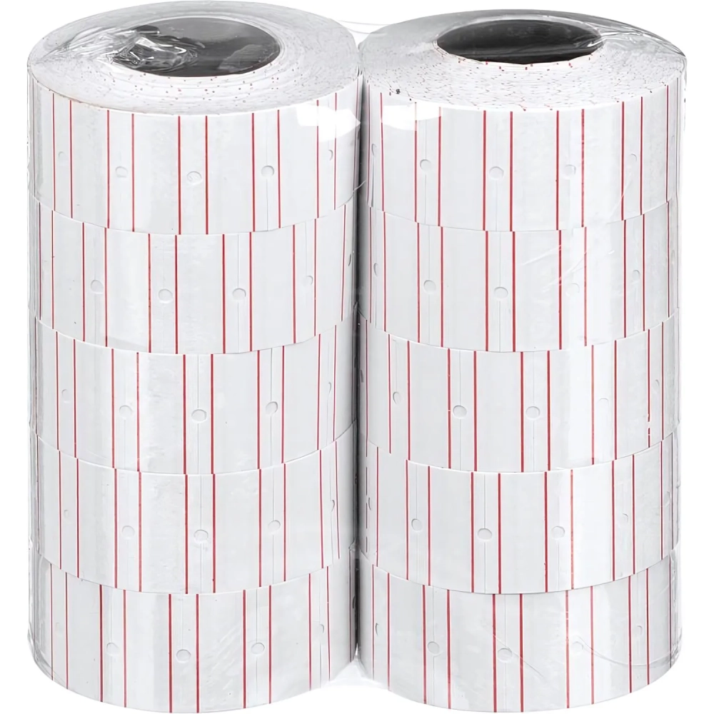 Этикет-лента 21,5х12 прямая белая с красной полосой, 1000шт/рул,10рул/уп