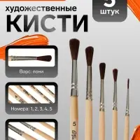 Набор кистей для рисования, пони, 5 штук: №: 1, 2, 3, 4, 5, Calligrata, круглые, деревянная ручка, в пенале