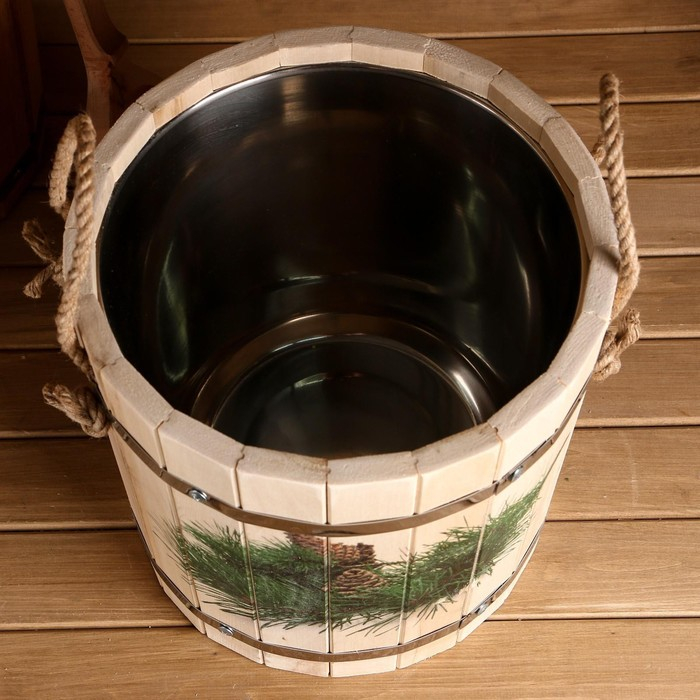 Запарник  из липы, 12 л, нержавеющая вставка, нержавеющий обод, веревки,  Запарник  из липы, 12 л, нержавеющая вставка, нержавеющий обод, веревки, "Еловая ветка"