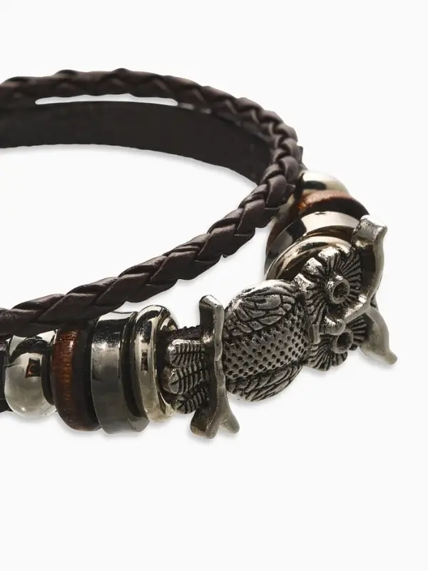 Браслет кожаный &laquo;Совушка&raquo;, L=20 см, коричневый в чернёном серебре