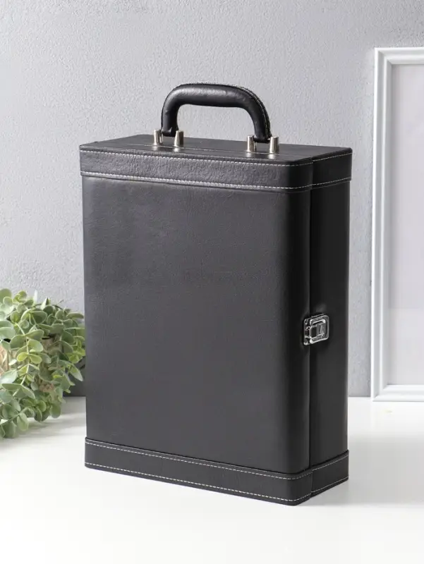 Шкатулка подарочная под 2 бутылки &laquo;Гладкая кожа&raquo; и набор 3 предмета, чёрная, 35&times;26.5&times;12 см