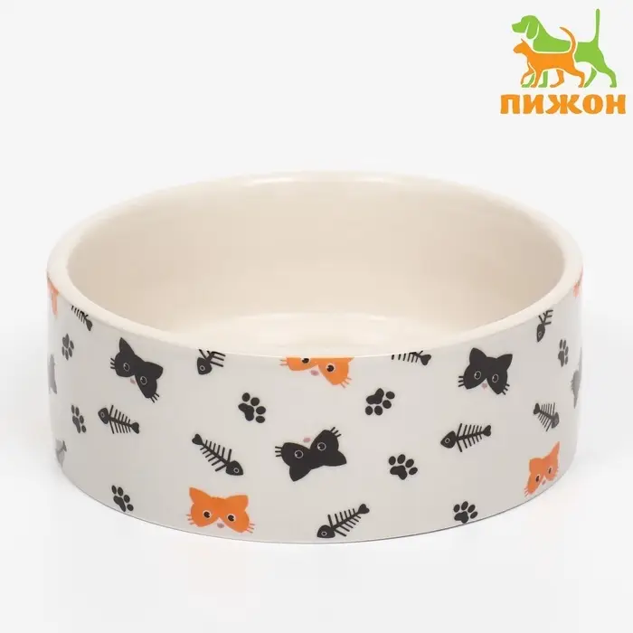 Миска керамическая &laquo;Кошки-рыбки&raquo; 300 мл - 11.5&times;11.5&times;5 см, бежевая