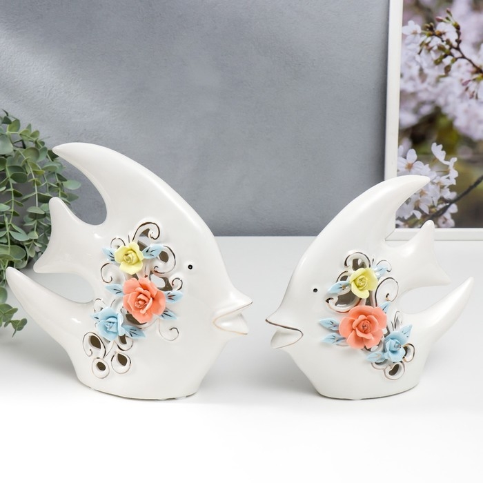 Сувенир керамика Сувенир керамика "Две рыбки-скалярии с цветами" набор 2 шт 18,5х7,5х21 22,5х8,5х24,5 см