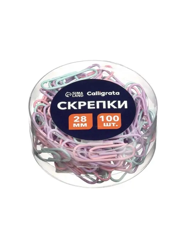 Скрепки 28 мм пастель в пластиковой тубе 100 штук