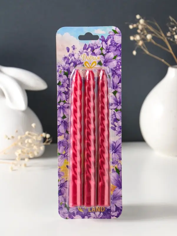 Набор свечей витых, 1.5&times;15 см, 3 шт., рубиновые